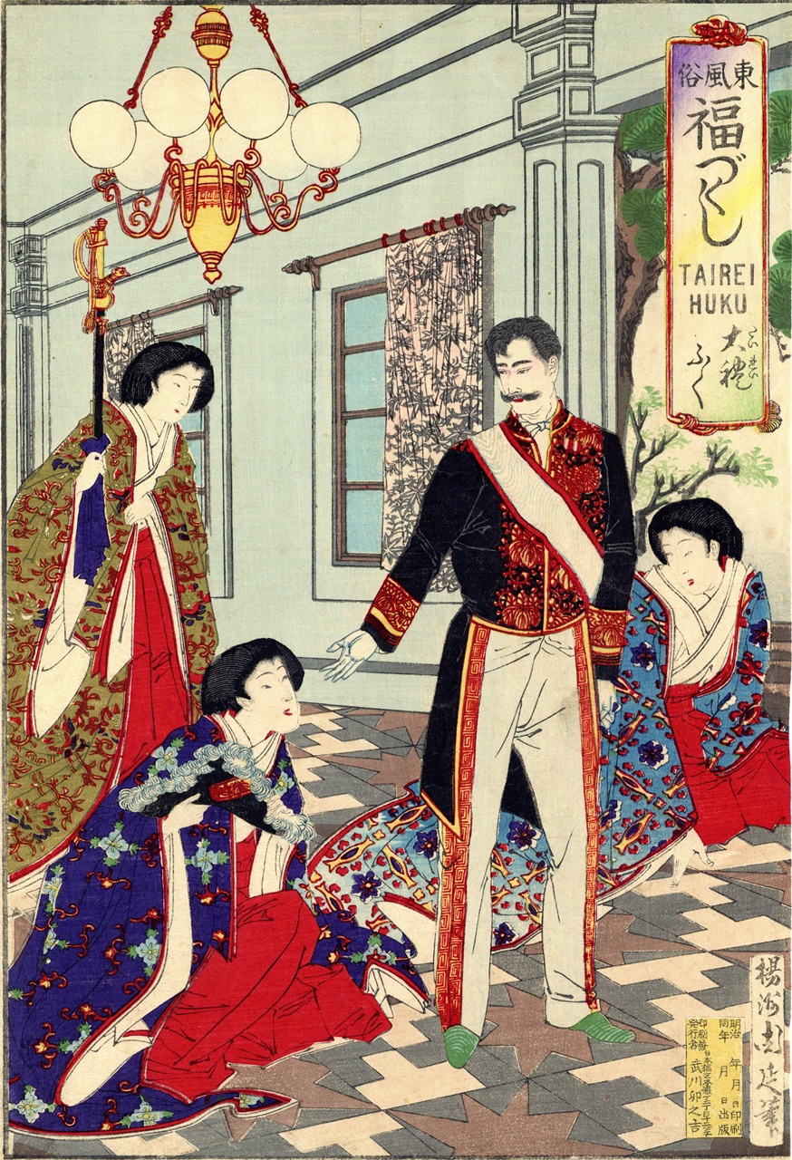 Original woodblock print triptych – Toyohara Yoshu Chikanobu (1838-1912)  -“Rinkan atatamete sake taku kouyou”東風俗福つくし 大禮ふく(Customs of the East, A