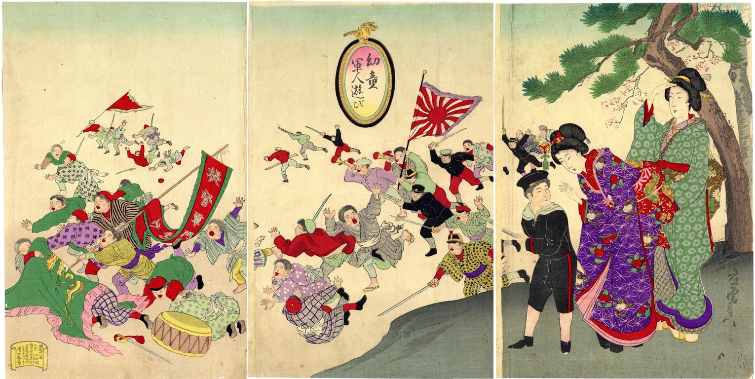 Original woodblock print triptych – Toyohara Yoshu Chikanobu (1838-1912)  -‘Yōdō gunjin asobi’幼童 軍人遊び(Children's Militaly Play) – Japan – 1895 (Meiji 