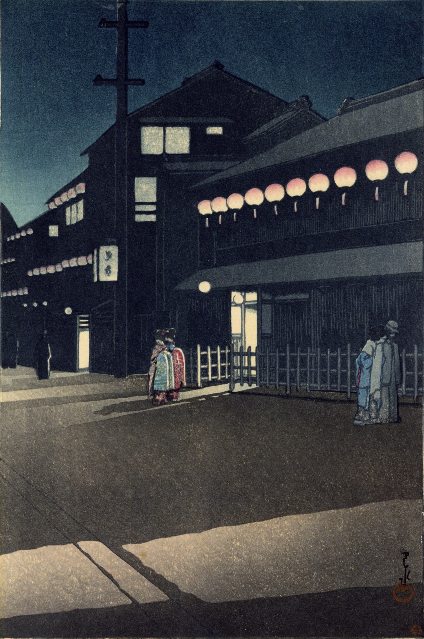 Original woodblock print, Published by Watanabe Shōzaburō Color Print Co -  Paper - Kawase Hasui (1883-1957) - “Ōsaka sō yū we kadomachi no yū” 